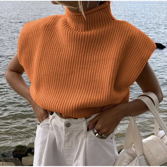 Women Sweater Shoulder Pad Knit Vest Medium Orange High Neck Cotton Top Knit - Picture 2 of 16